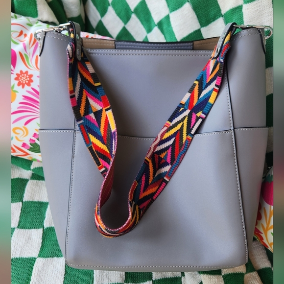 Gray vegan leather shoulder‎ bag guitar style strap - Picture 1 of 5